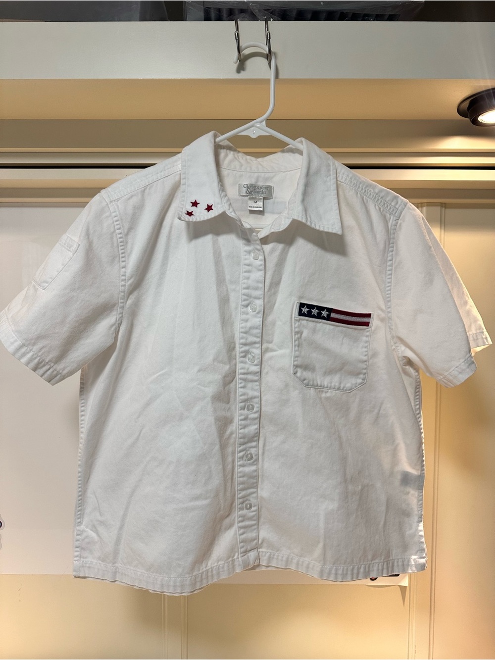 White Short-Sleeve Button-Up Americana Shirt with Star Trim